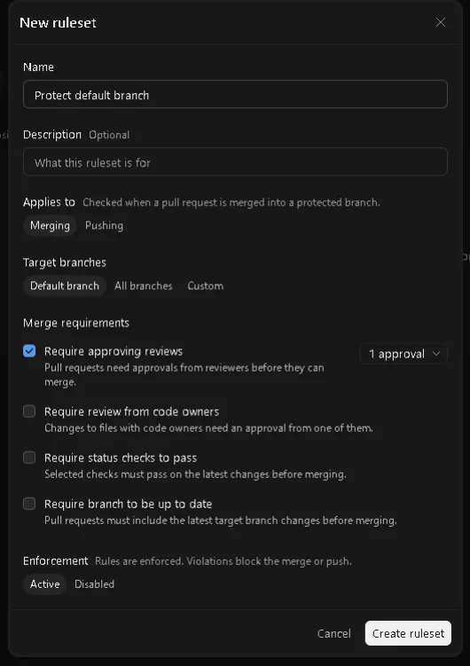 新規ルールセット作成画面でProtect default branchとRequire approving reviewsを設定する操作画面