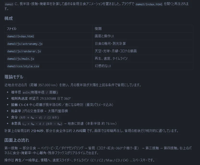 皆既日食アニメーションの構成ファイルや理論モデルなどの仕様テキストが表示された画面