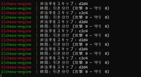 ターミナルでchess-engineの「非法手をスキップ」と「終局:引き分け」ログが繰り返し表示される画面