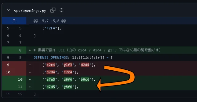 openings.pyのコード差分で、白番用だった指し手リストから黒番用の指し手リストへ修正された状態