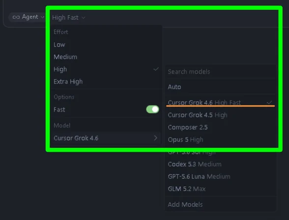 緑枠で強調されたCursor Grok 4.6 High Fast等のモデル選択ドロップダウンメニュー