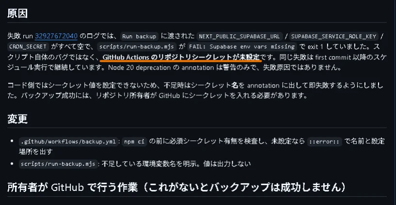 GitHub Actionsエラーの原因がリポジトリシークレット未設定であることを示す解説画面