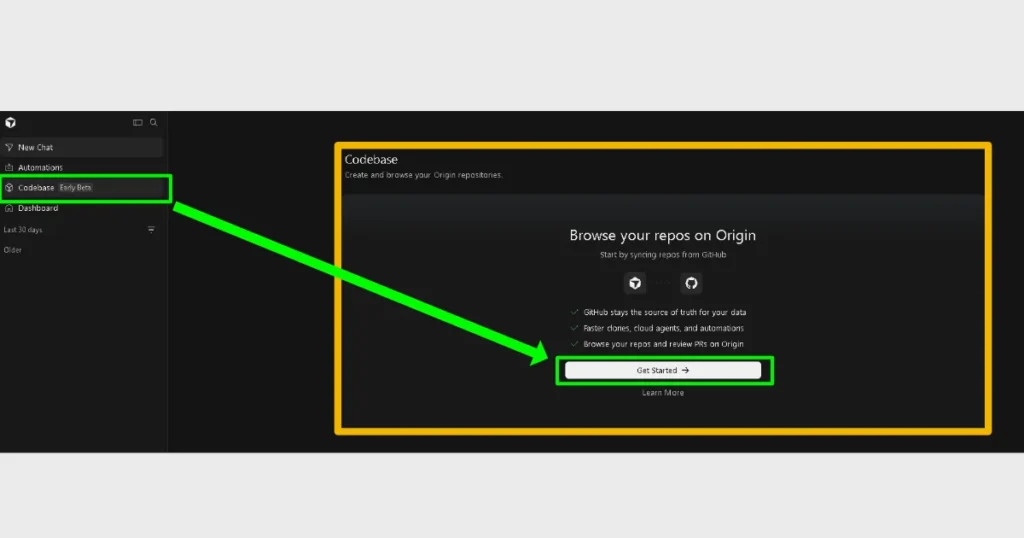 サイドバーのCodebaseからOriginのリポジトリ連携を開始するGet Started画面