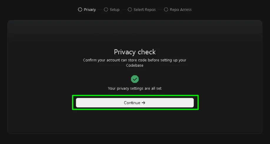 Privacy check画面でプライバシー設定の完了を確認しContinueをクリックする手順
