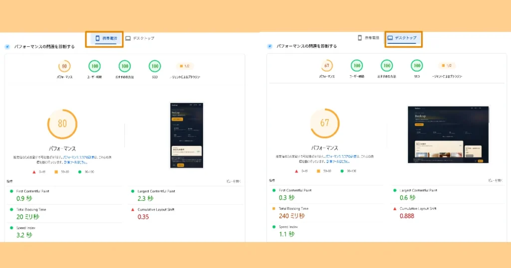 修正後のPage Speed Insightでの携帯電話とデスクトップでの結果の表示。