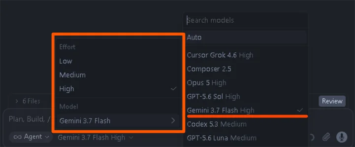 モデル選択メニューで「Gemini 3.7 Flash High」を選択している開発エディタの設定画面
