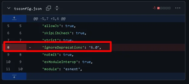tsconfig.jsonからignoreDeprecationsの設定行を削除するコード差分画面