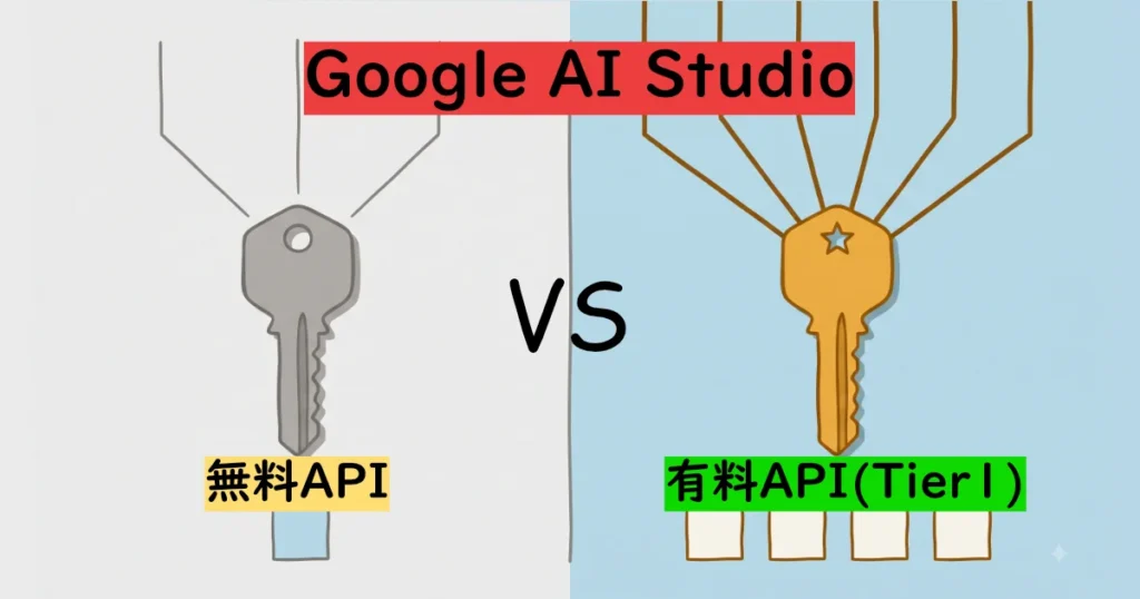 Google AI Studioにおける無料APIと有料API（Tier1）のキーの違いを示した比較