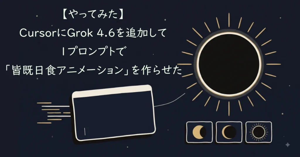 「【やってみた】CursorにGrok 4.6を追加して1プロンプトで『皆既日食アニメーション』を作らせた」という文字テキスト。
