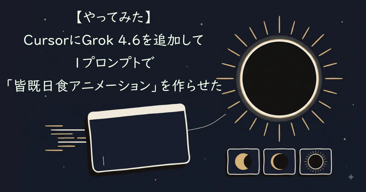 「【やってみた】CursorにGrok 4.6を追加して1プロンプトで『皆既日食アニメーション』を作らせた」という文字テキスト。