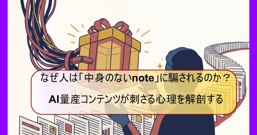 「なぜ人は「中身のないnote」に騙されるのか？ AI量産コンテンツが刺さる心理を解剖する」の文字を配した図。