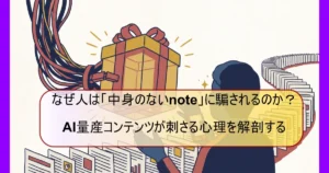 「なぜ人は「中身のないnote」に騙されるのか？ AI量産コンテンツが刺さる心理を解剖する」の文字を配した図。