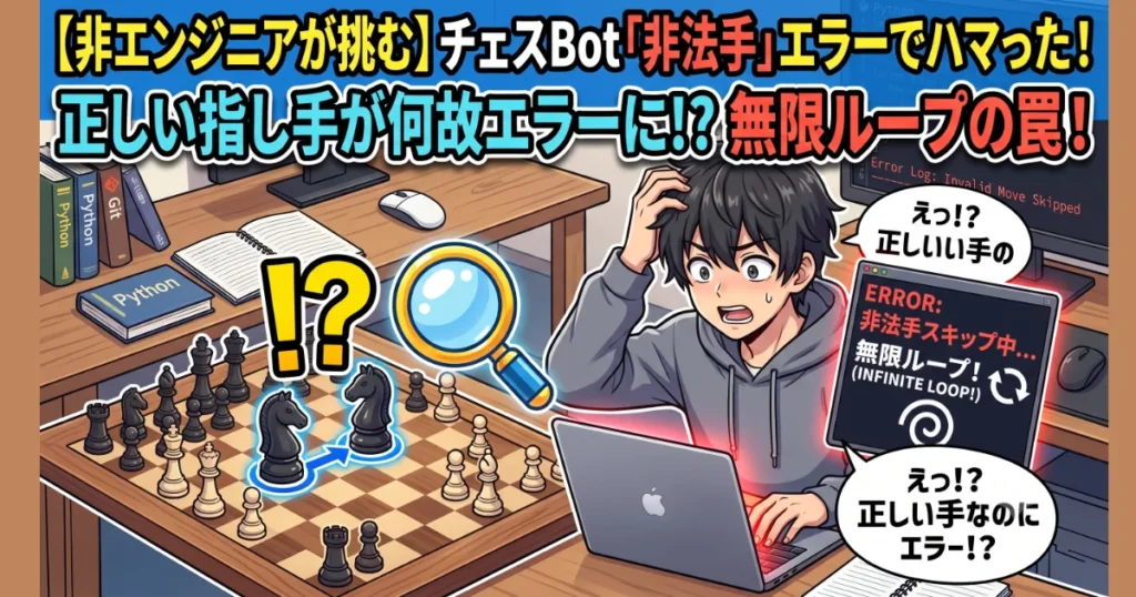 【非エンジニアが挑む】チェスBot「非法手」エラーでハマった！正しい指し手が何故エラーに！？無限ループの罠！の構成