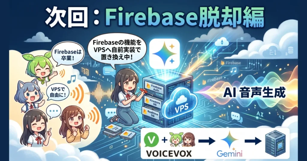 次回:Firebase脱却編。Firebase機能をVPSへ自前実装で置き換える構想を示すバナー