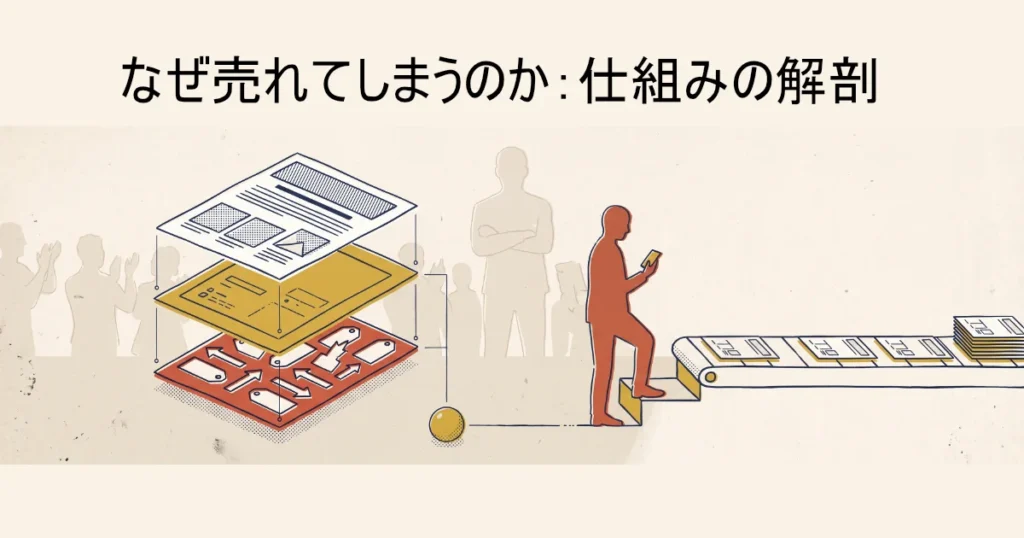 「なぜ売れてしまうのか：仕組みの解剖」のテキストとともに、コンテンツのレイヤー構造と流れを描いた図。