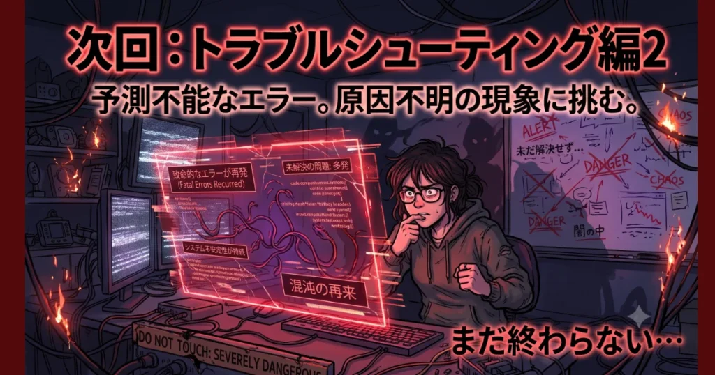 次回予告トラブルシューティング編2「予測不能なエラー。原因不明の現象に挑む。まだ終わらない…」の案内