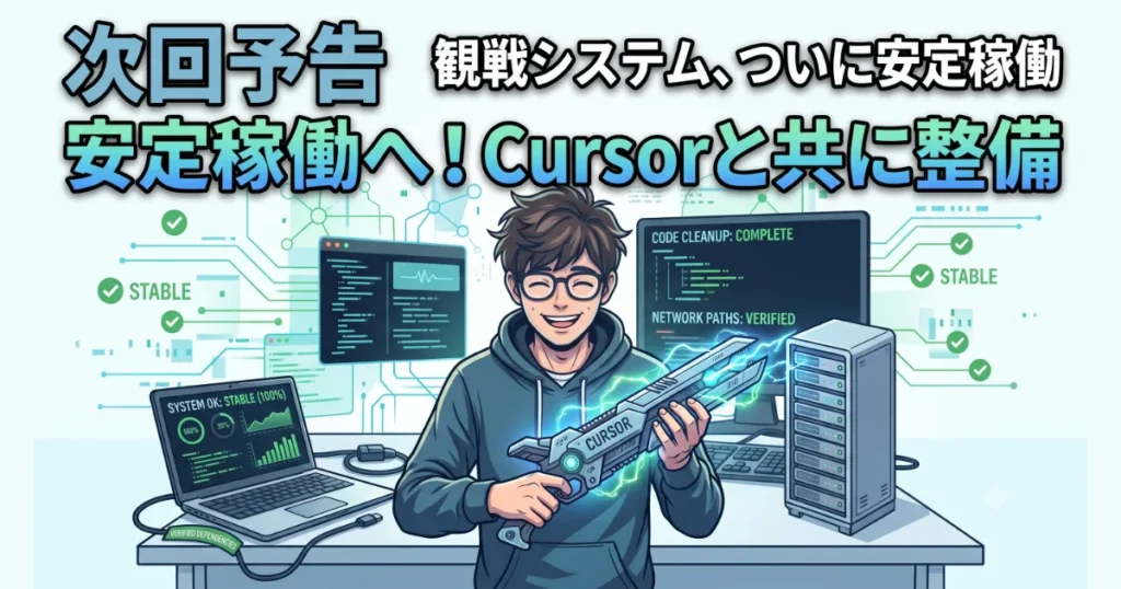 次回予告「観戦システム、ついに安定稼働 安定稼働へ！Cursorと共に整備」の案内