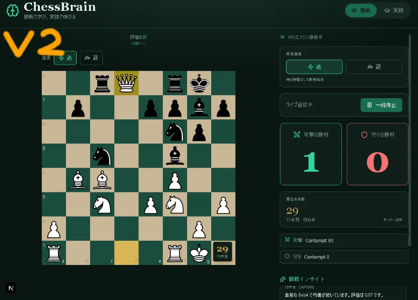 ChessBrainのUIバージョン2（V2）における観戦画面と対局スコア表示