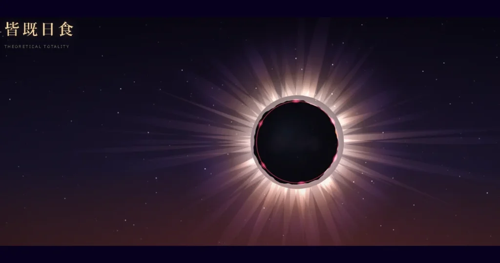 画面左上に「皆既日食 THEORETICAL TOTALITY」と表記された、中央に黒い月と周囲に輝くコロナを描いた皆既日食のシミュレーション画面。