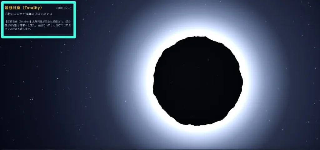 「皆既日食（Totality）」のステータス情報が表示された日食シミュレーション画面