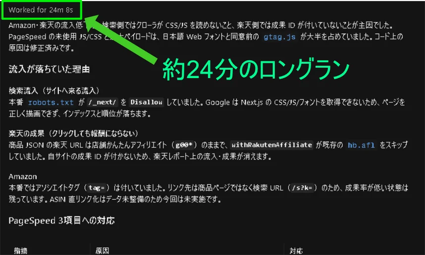 Worked for 24m 8sの表記と「約24分のロングラン」の注記が入った処理結果画面