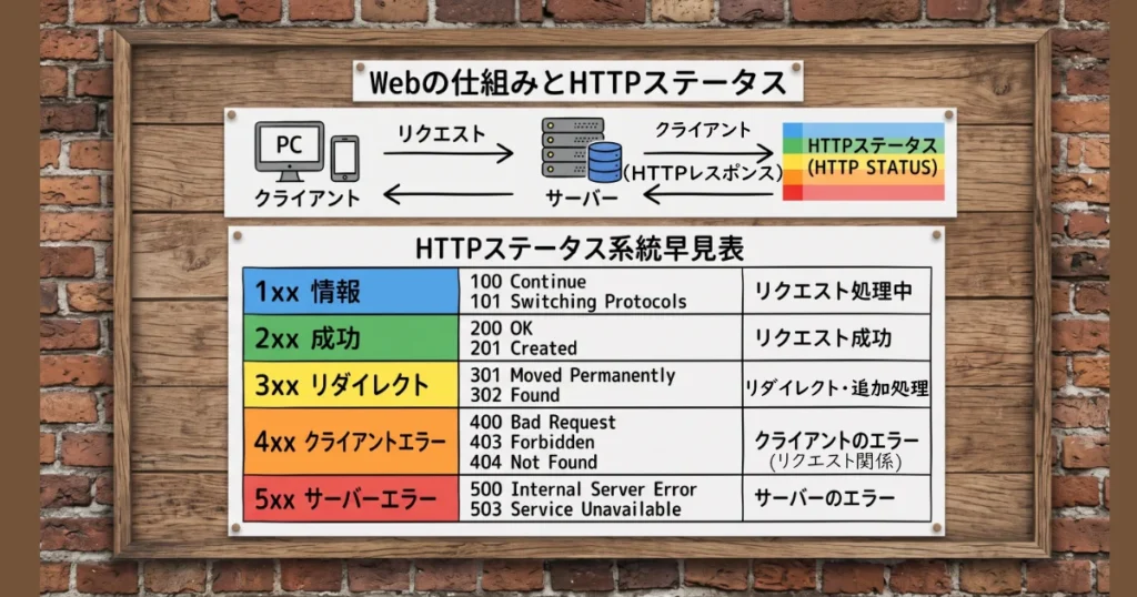 Webの仕組みと1xxから5xxまでのHTTPステータス系統早見表をまとめた図解