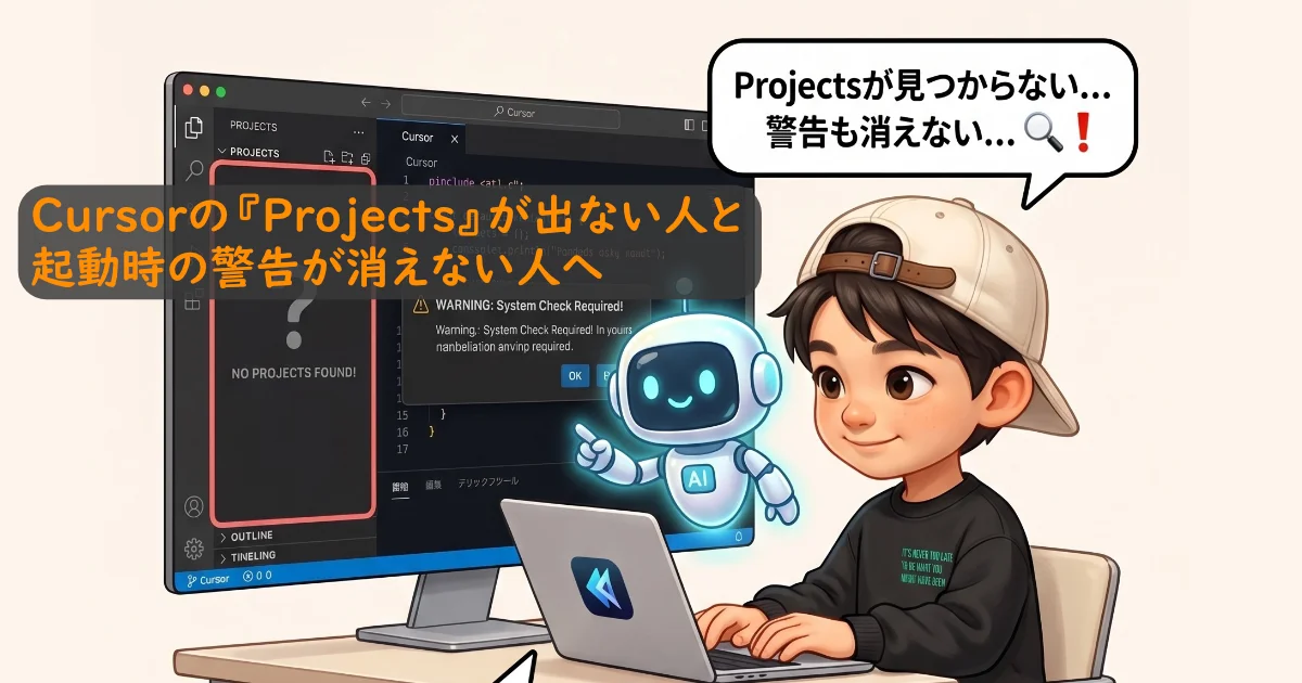 「Cursorの『Projects』が出ない人と起動時の警告が消えない人へ」のテキストとエラー画面を見る人物