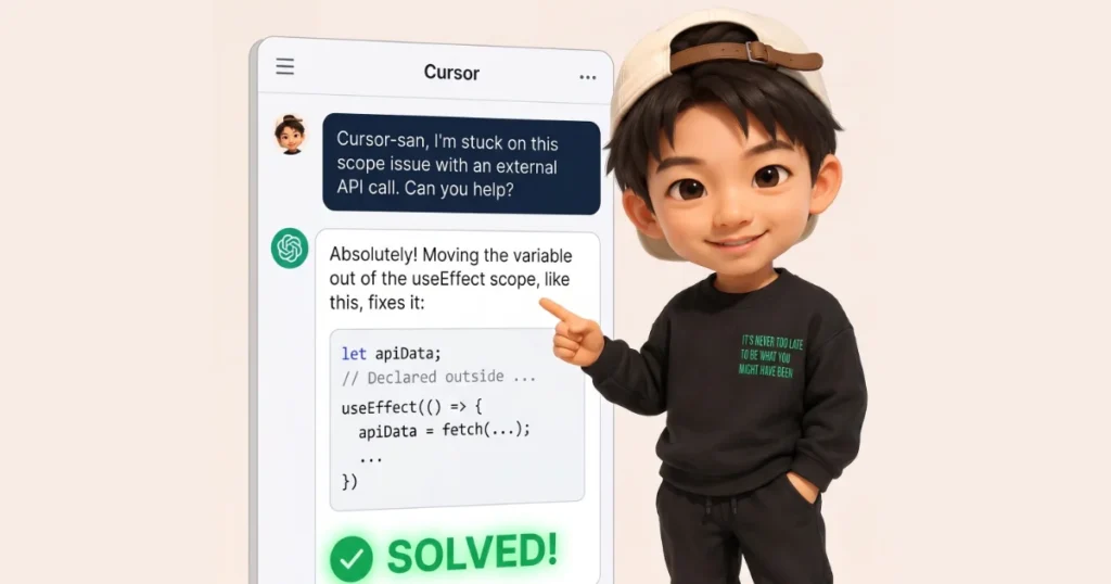Cursorのチャット画面でコードのエラー相談と解決策「SOLVED!」が表示された画面を指差す人物