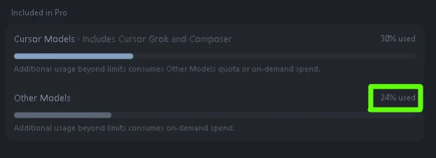 Cursorの利用状況画面で「Other Models」の使用率が「24% used」と表示されている設定箇所