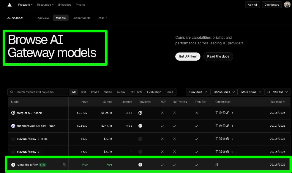 AI Gatewayモデル一覧画面で「typesafe-ai/jev Free」の項目が緑枠で強調表示されている状態