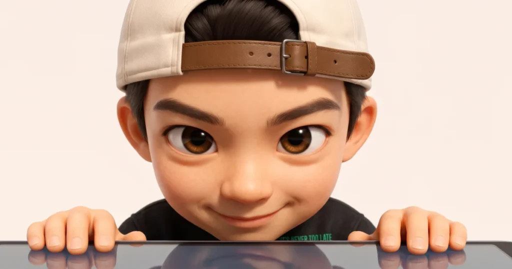 キャップを被った3Dキャラクターの人物が画面の縁から覗き込んでいる様子