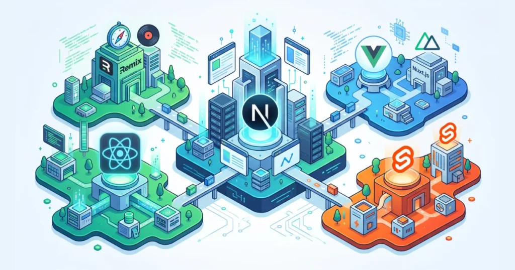 中央のNext.jsを中心に、ReactやRemix、Vue、Nuxt.js、SvelteといったWebフレームワークが配置された図解