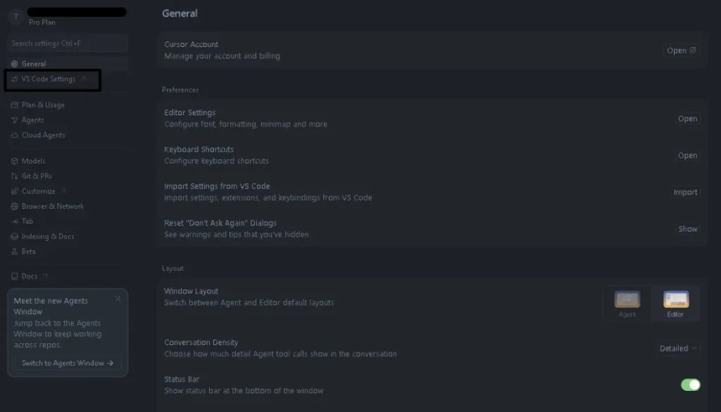 Cursorの設定画面「General」で、左側メニューの「VS Code Settings」が強調選択されている状態