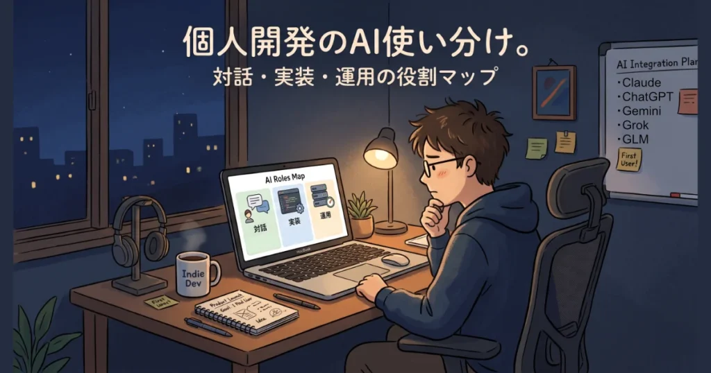 「個人開発のAI使い分け。対話・実装・運用の役割マップ」のタイトルテキストと、ノートPC画面に向かって思考する人物。