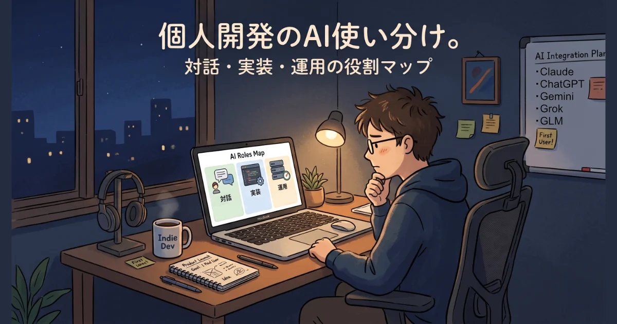 「個人開発のAI使い分け。対話・実装・運用の役割マップ」のタイトルテキストと、ノートPC画面に向かって思考する人物。