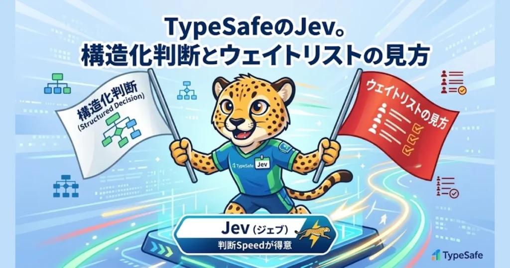 「TypeSafeのJev。構造化判断とウェイトリストの見方」の文字と旗を持ったキャラクターが描かれた画面