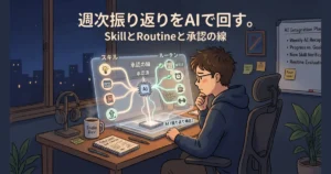 「週次振り返りをAIで回す。SkillとRoutineと承認の線」のテキストと、スキルやルーティンのダイアグラムが表示された画面。