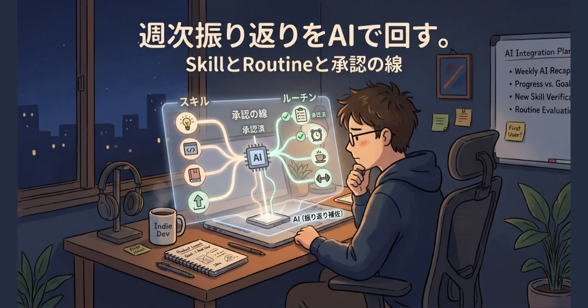 「週次振り返りをAIで回す。SkillとRoutineと承認の線」のテキストと、スキルやルーティンのダイアグラムが表示された画面。