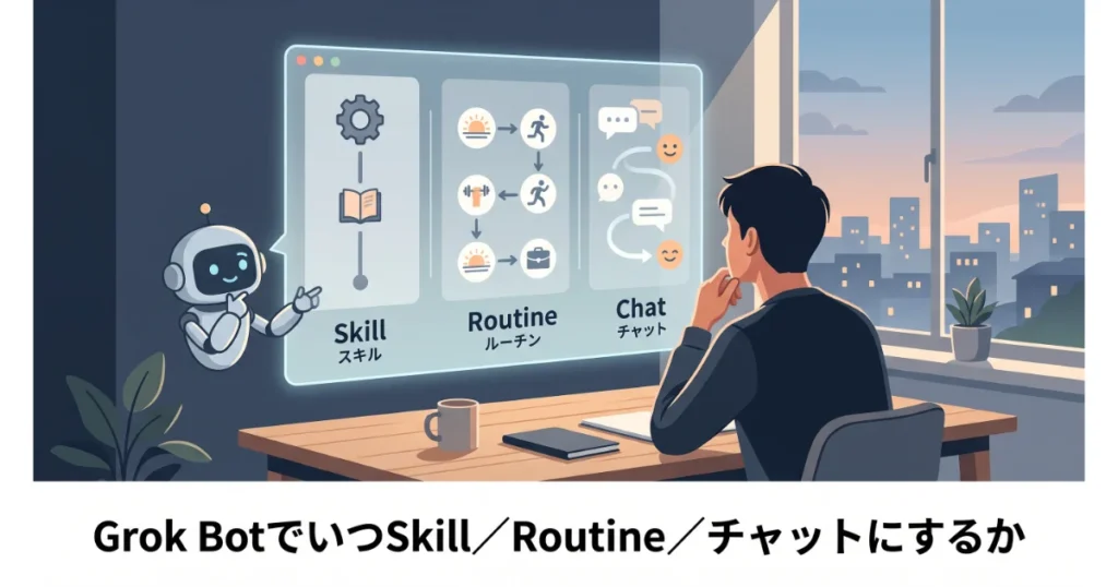 「Grok BotでいつSkill／Routine／チャットにするか」のテキストと、Skill・Routine・Chatの3機能を示す画面を見る人物。