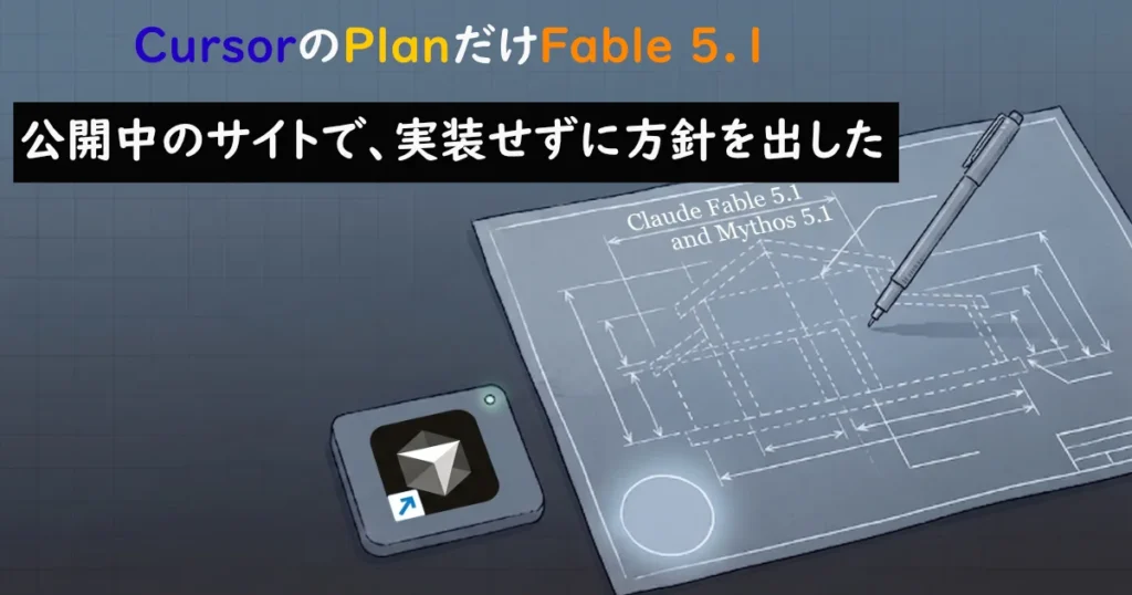 「CursorのPlanだけFable 5.1」「公開中のサイトで、実装せずに方針を出した」という文字と図面が並ぶトップ画面