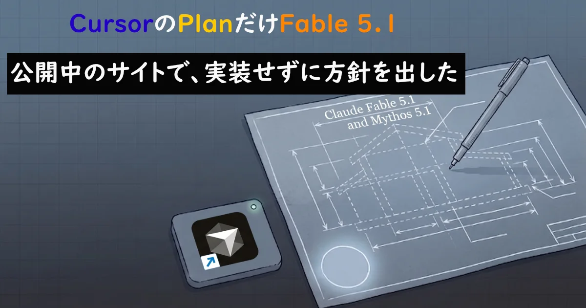 「CursorのPlanだけFable 5.1」「公開中のサイトで、実装せずに方針を出した」という文字と図面が並ぶトップ画面