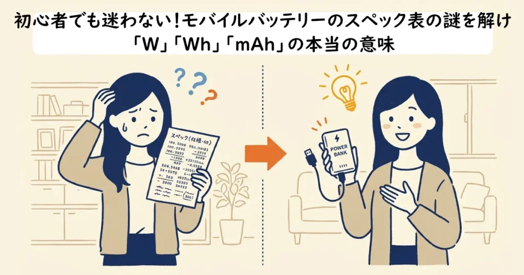 「初心者でも迷わない！モバイルバッテリーのスペック表の謎を解け『W』『Wh』『mAh』の本当の意味」のタイトルテキストと解説イラスト
