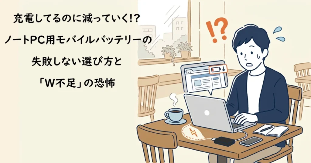 「充電してるのに減っていく！？ノートPC用モバイルバッテリーの失敗しない選び方と『W不足』の恐怖」のタイトルテキストと焦る人物