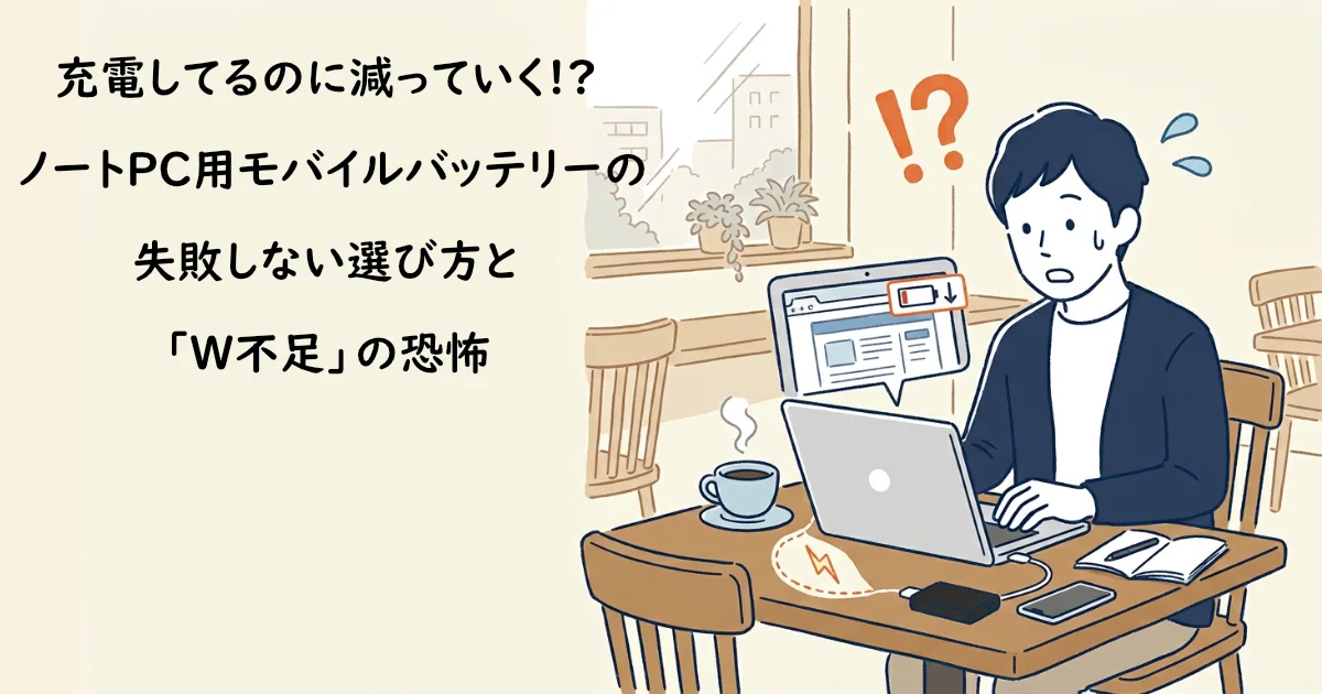 「充電してるのに減っていく！？ノートPC用モバイルバッテリーの失敗しない選び方と『W不足』の恐怖」のタイトルテキストと焦る人物
