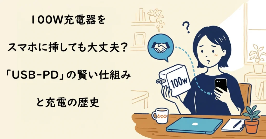 「100W充電器をスマホに挿しても大丈夫？『USB-PD』の賢い仕組みと充電の歴史」のテキストと困惑する女性