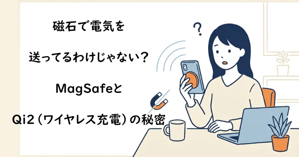 「磁石で電気を送ってるわけじゃない？MagSafeとQi2（ワイヤレス充電）の秘密」のテキストとスマホを見る女性