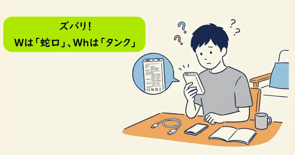 「ズバリ！Wは『蛇口』、Whは『タンク』」の解説テキストとスペック表に悩む人物のイラスト