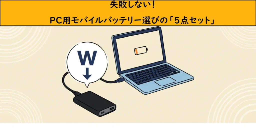 「失敗しない！PC用モバイルバッテリー選びの『5点セット』」のテキストとW数確認を示すイラスト