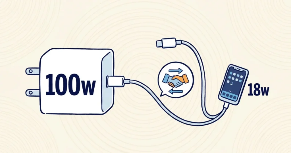 100W給電に対応した充電器と18W受電のスマホがUSB-PD通信で最適な電力を調整する仕組み
