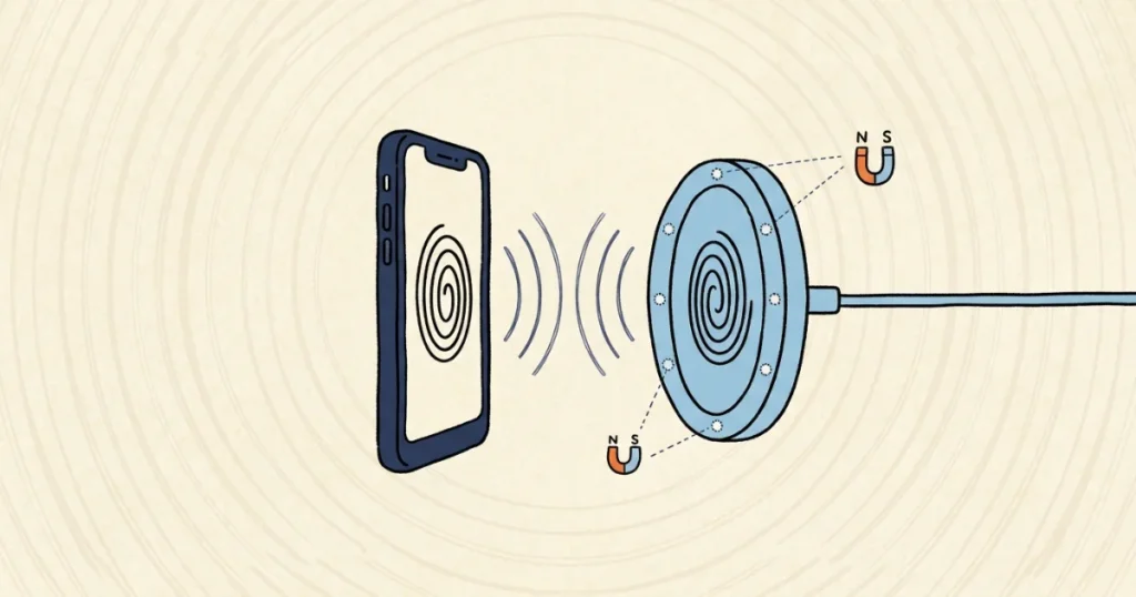 磁石の位置合わせと電磁誘導によりスマートフォンを充電するMagSafeやQi2の構造